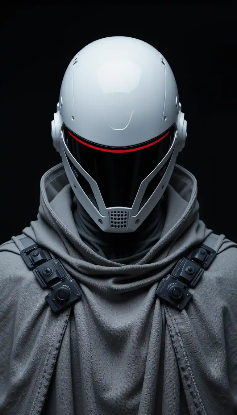 Futuristic white helmet with red visor line in darkness