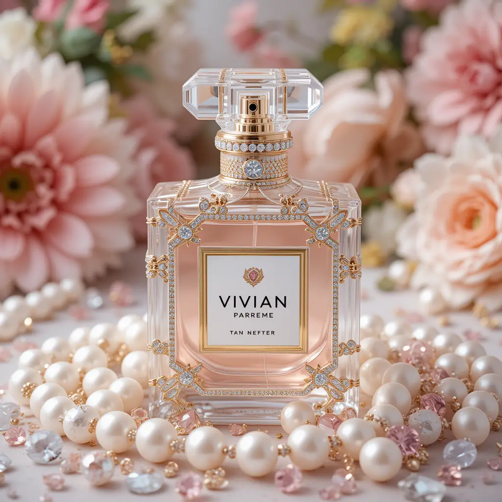 Perfume bottle with diamonds pearls gems and floral backdrop