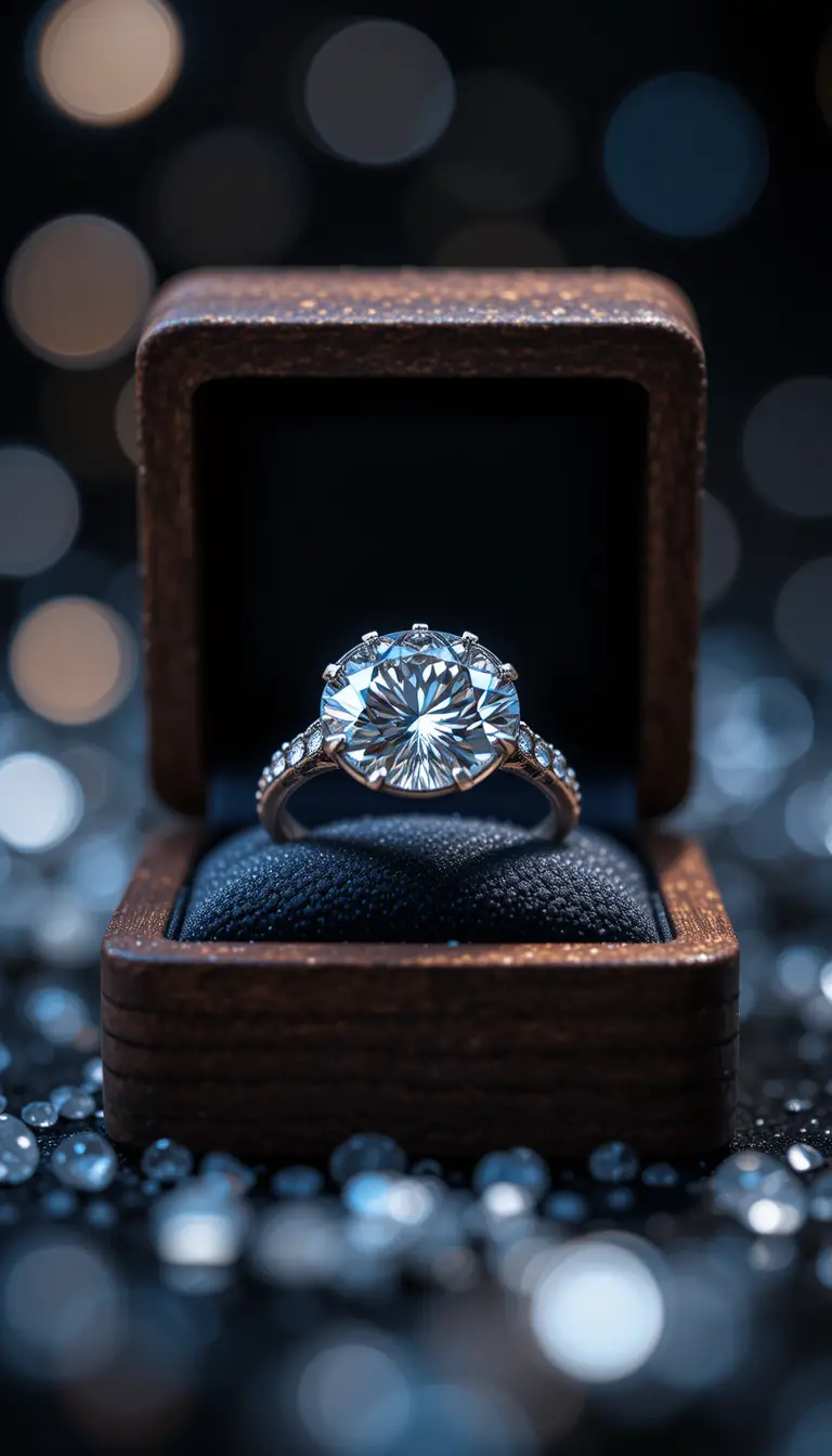 Close up diamond ring in wooden box on black background