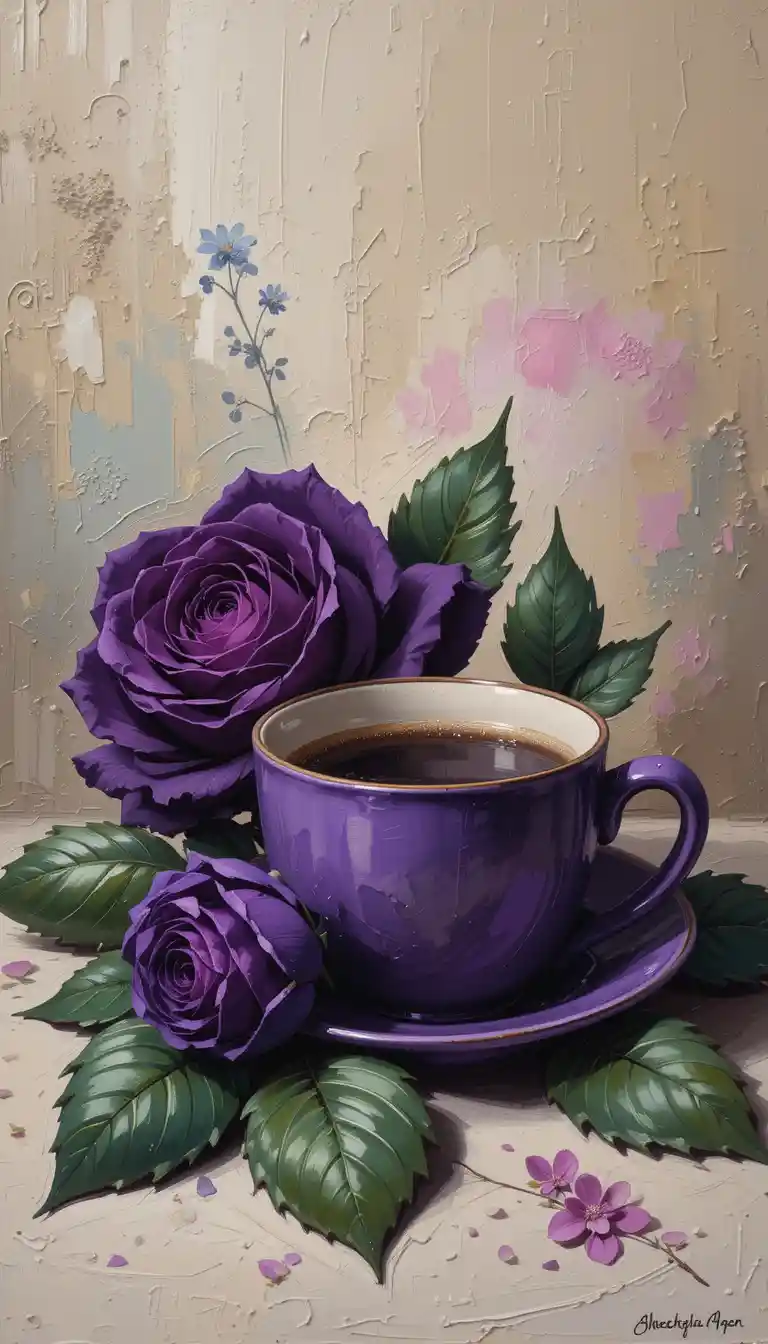 Impressionist still life of purple rose and espresso cup