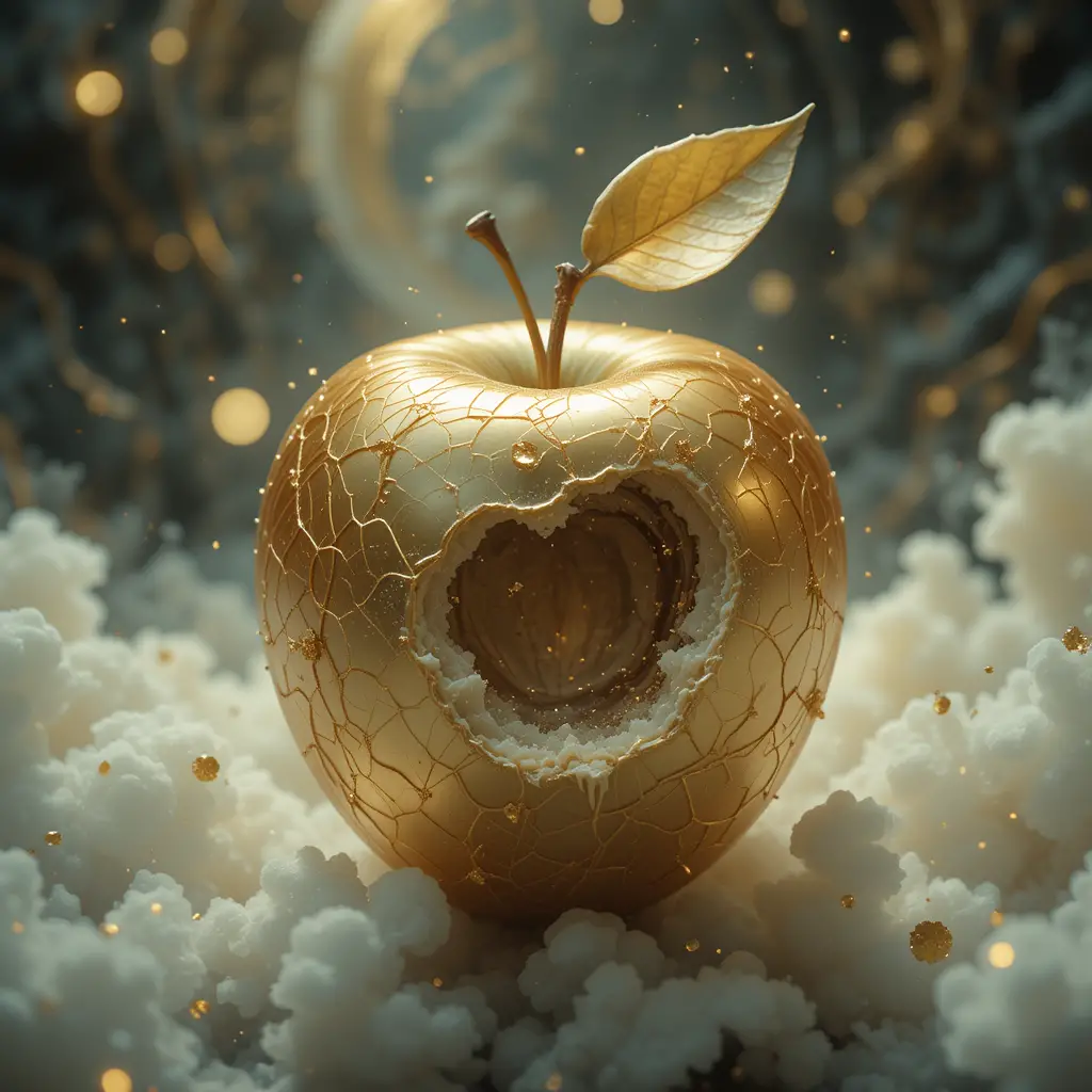 Golden apple with a surreal rotten bitten interior