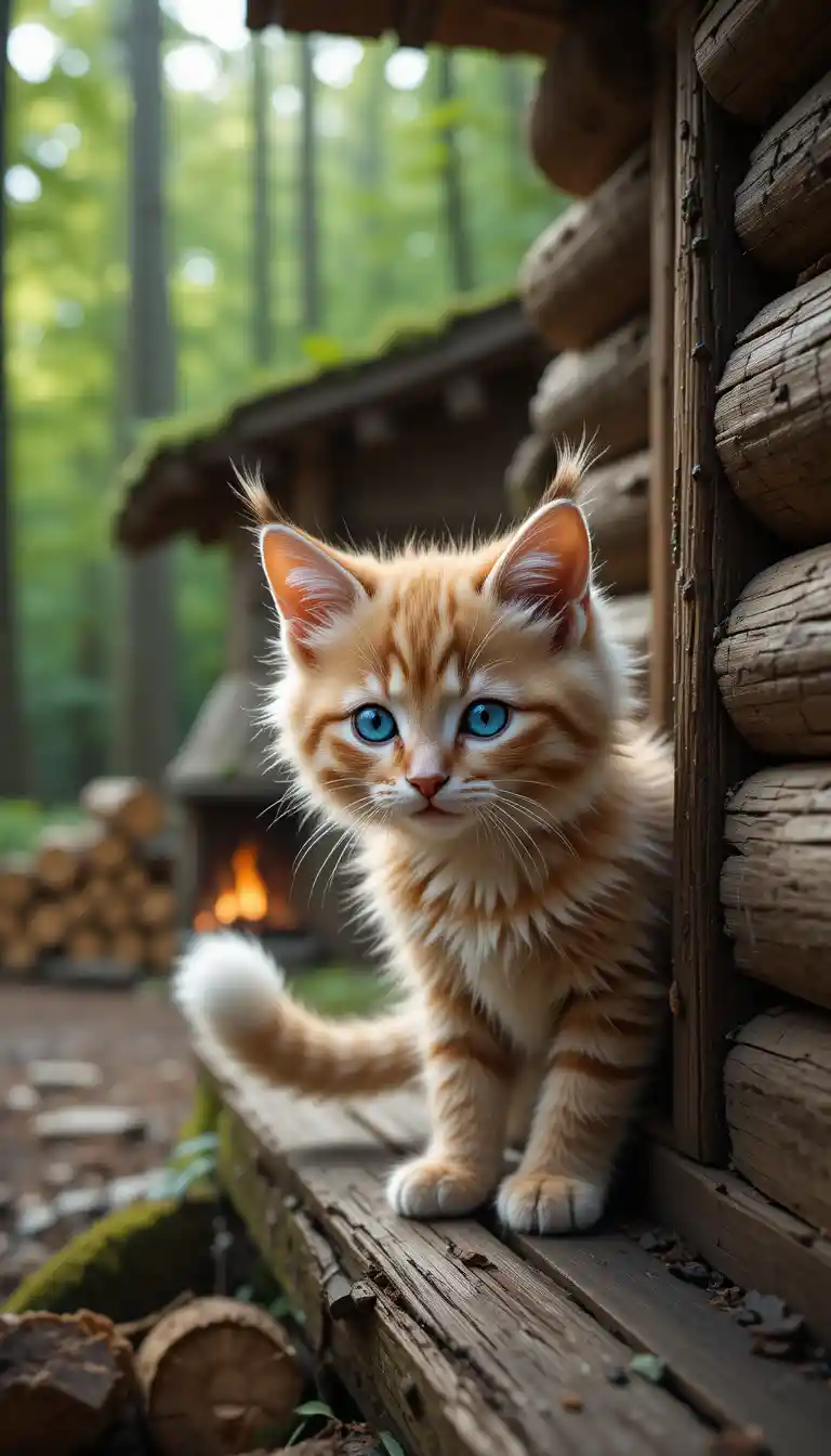 Cute lynx kitten peeking from rustic forest cabin