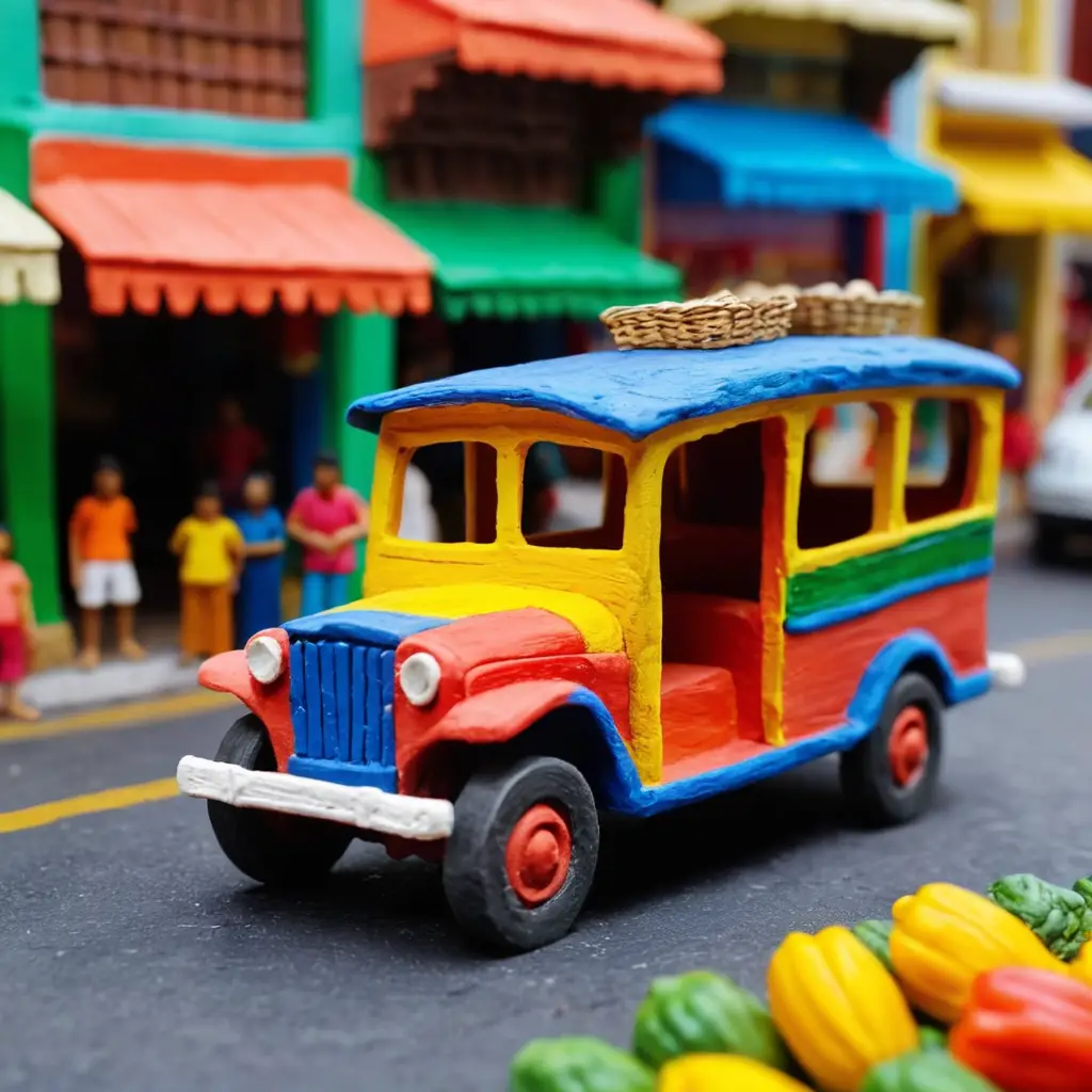 Jeepney colorido de argila em uma movimentada rua de mercado filipino