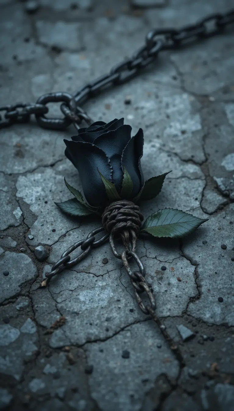 Black rose chained on rough stone with gloomy atmosphere