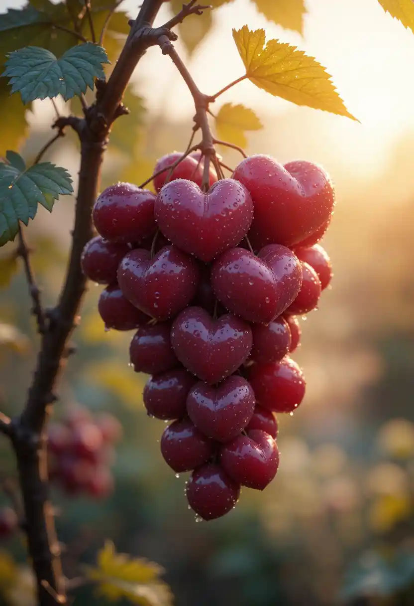 Heart shaped fantasy berries glowing in soft dawn light