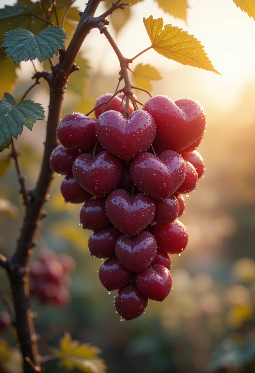 Heart shaped fantasy berries glowing in soft dawn light