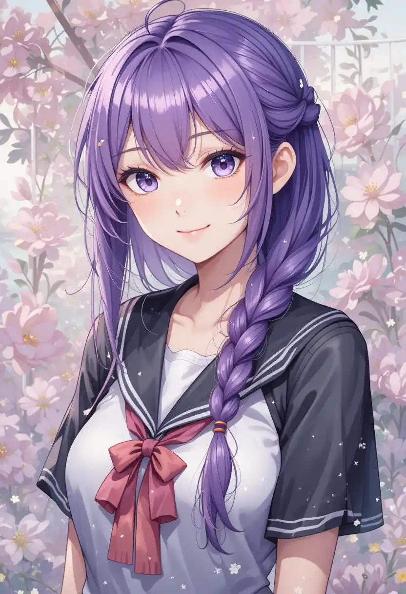 Cute Anime Girl With Purple Braided Hair Smiling