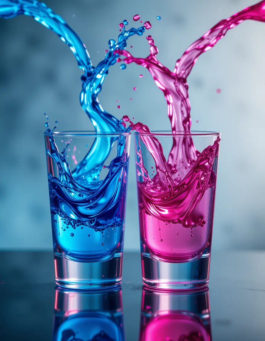 Intertwined blue and pink liquid splashing between glasses