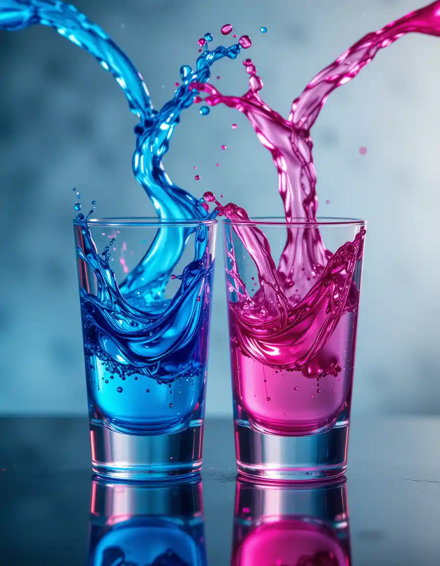 Intertwined blue and pink liquid splashing between glasses
