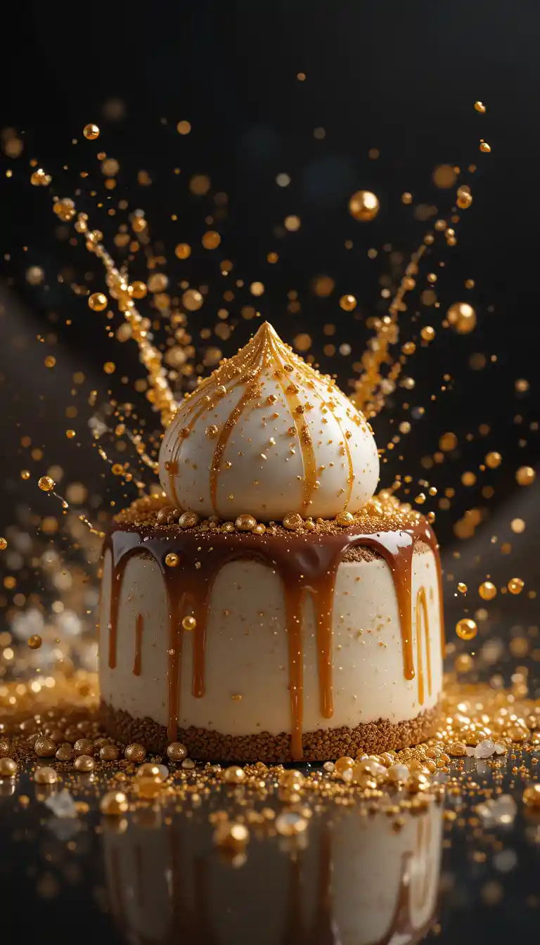 Gourmet dessert with gold splashes on dark background