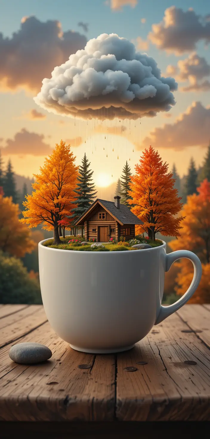 Cozy Cabin In A Coffee Cup Amid Autumn Trees