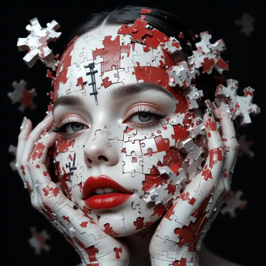 Surreal close up of cyborg woman with puzzle face