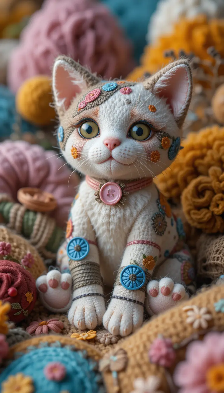 Patchwork kitten plush in a cozy textile landscape