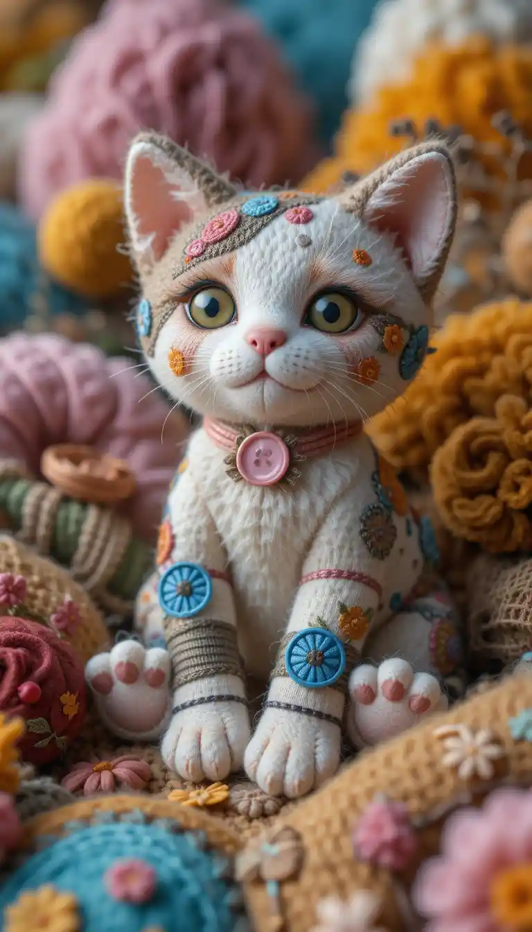 Patchwork kitten plush in a cozy textile landscape
