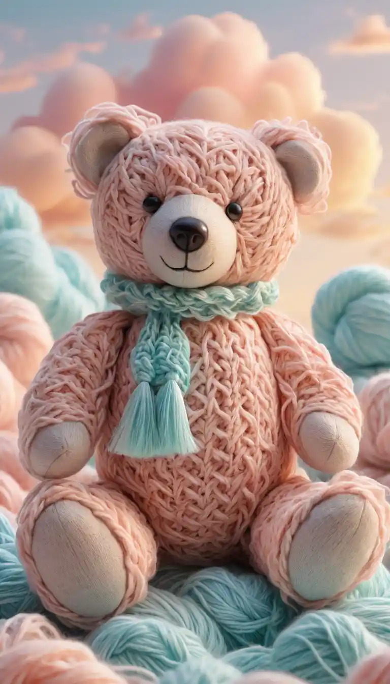 Knitted teddy bear walking on dreamy pastel yarn clouds