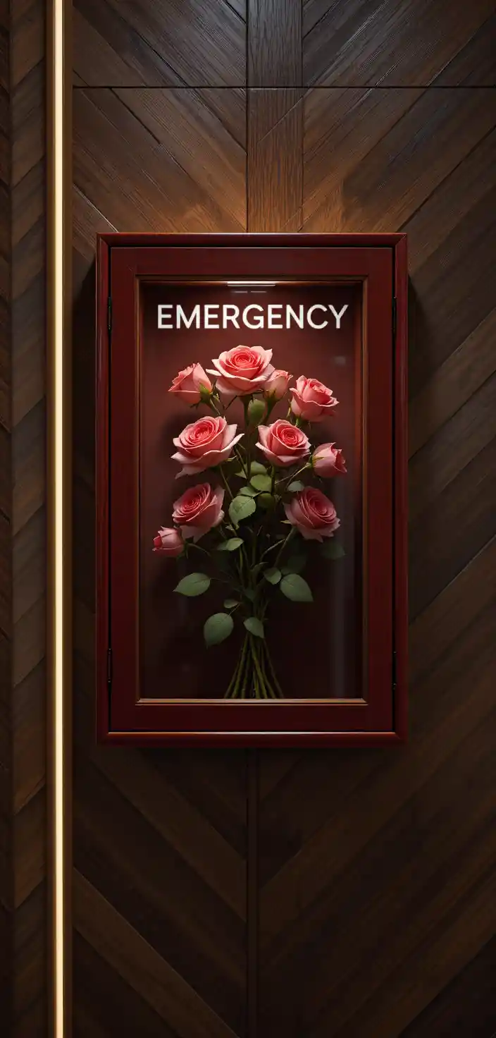 Red emergency flower box with bridal roses on wall
