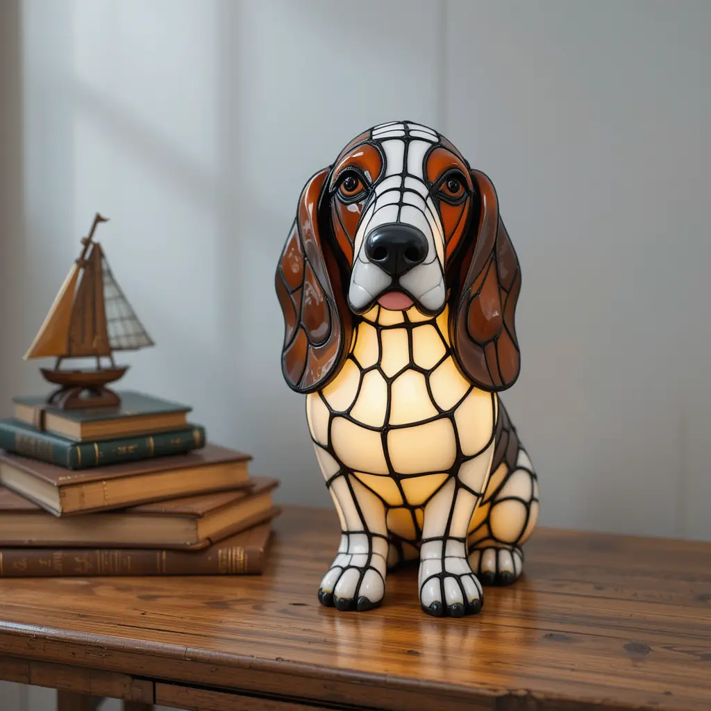 Stained glass basset hound lamp on wooden table