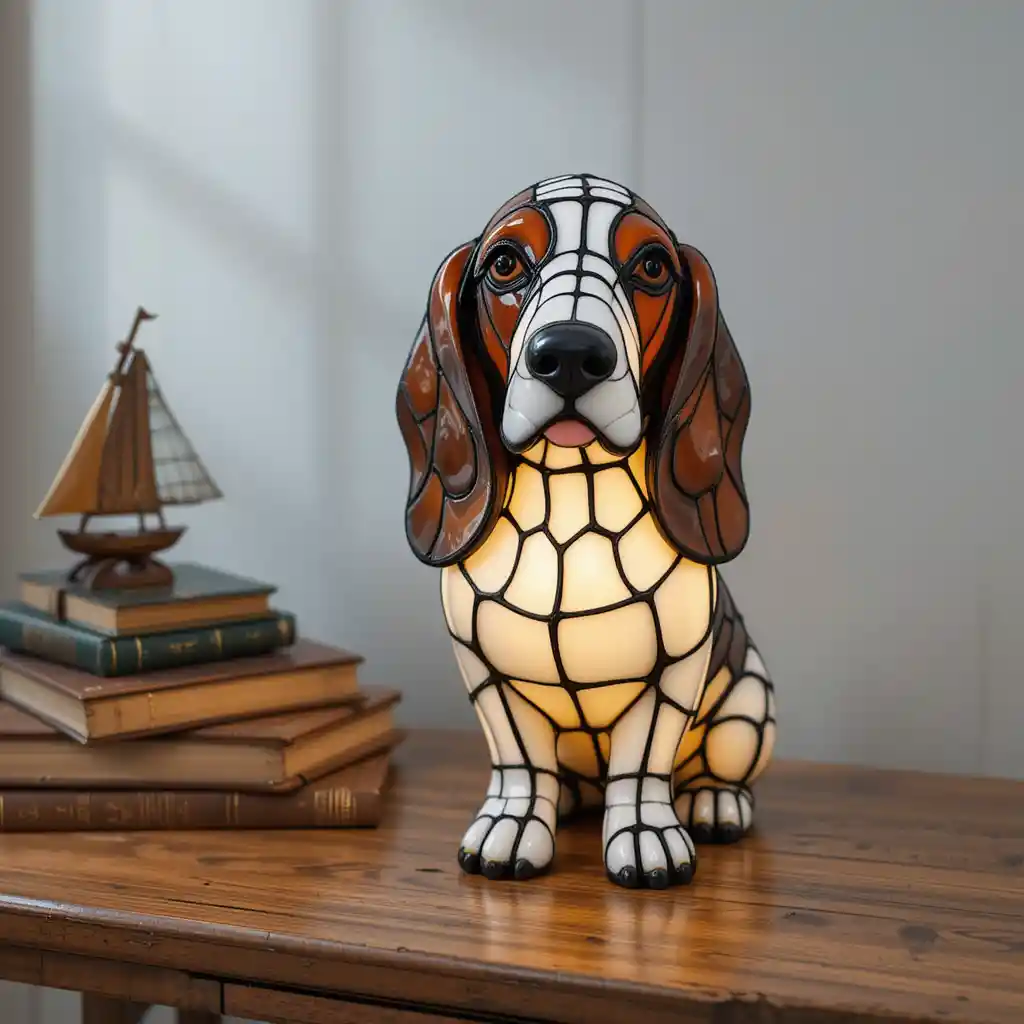 Stained glass basset hound lamp on wooden table