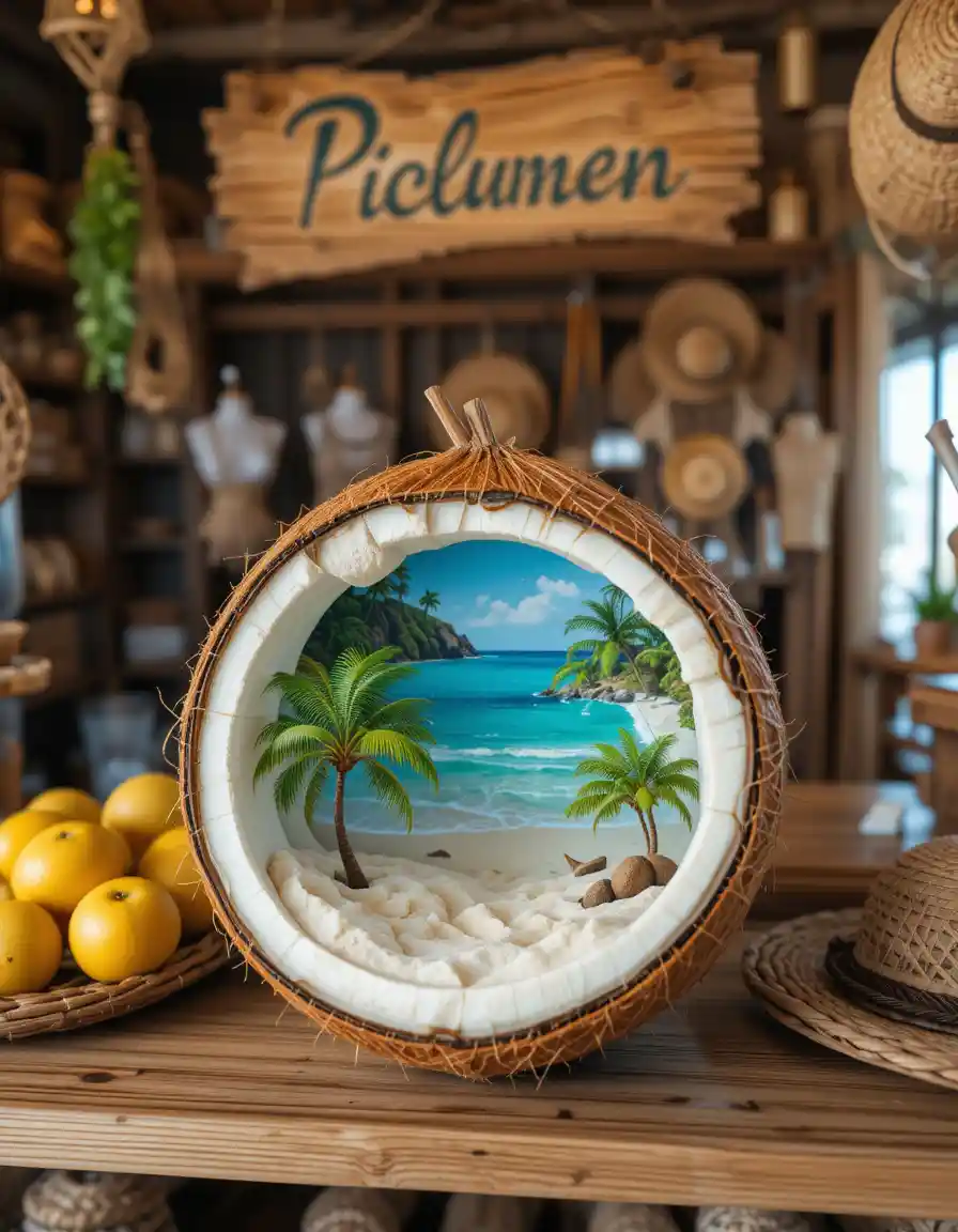 Mondo in miniatura di spiaggia tropicale all'interno di una noce di cocco vuota