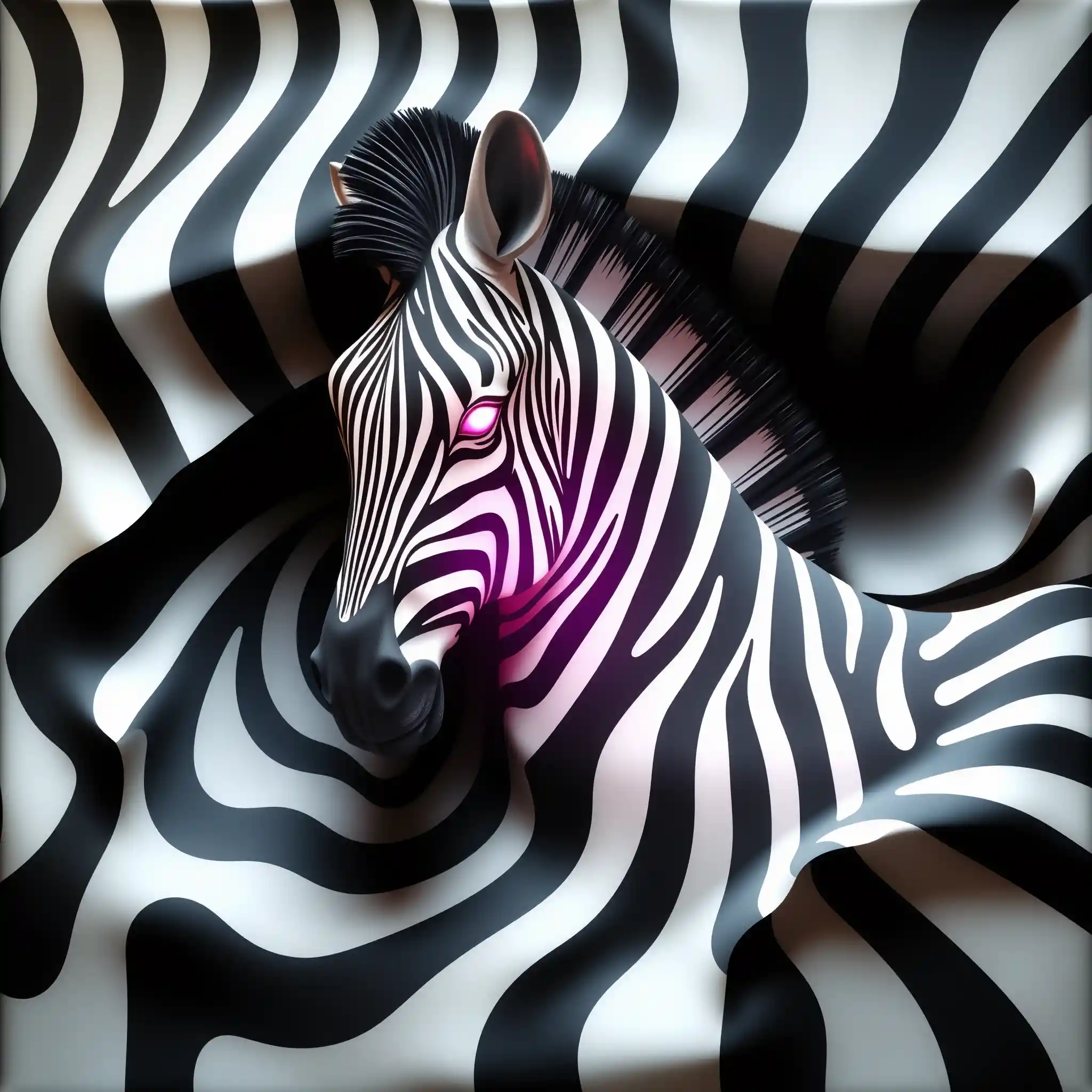 Op art zebra sculpture with bold dynamic movement pattern