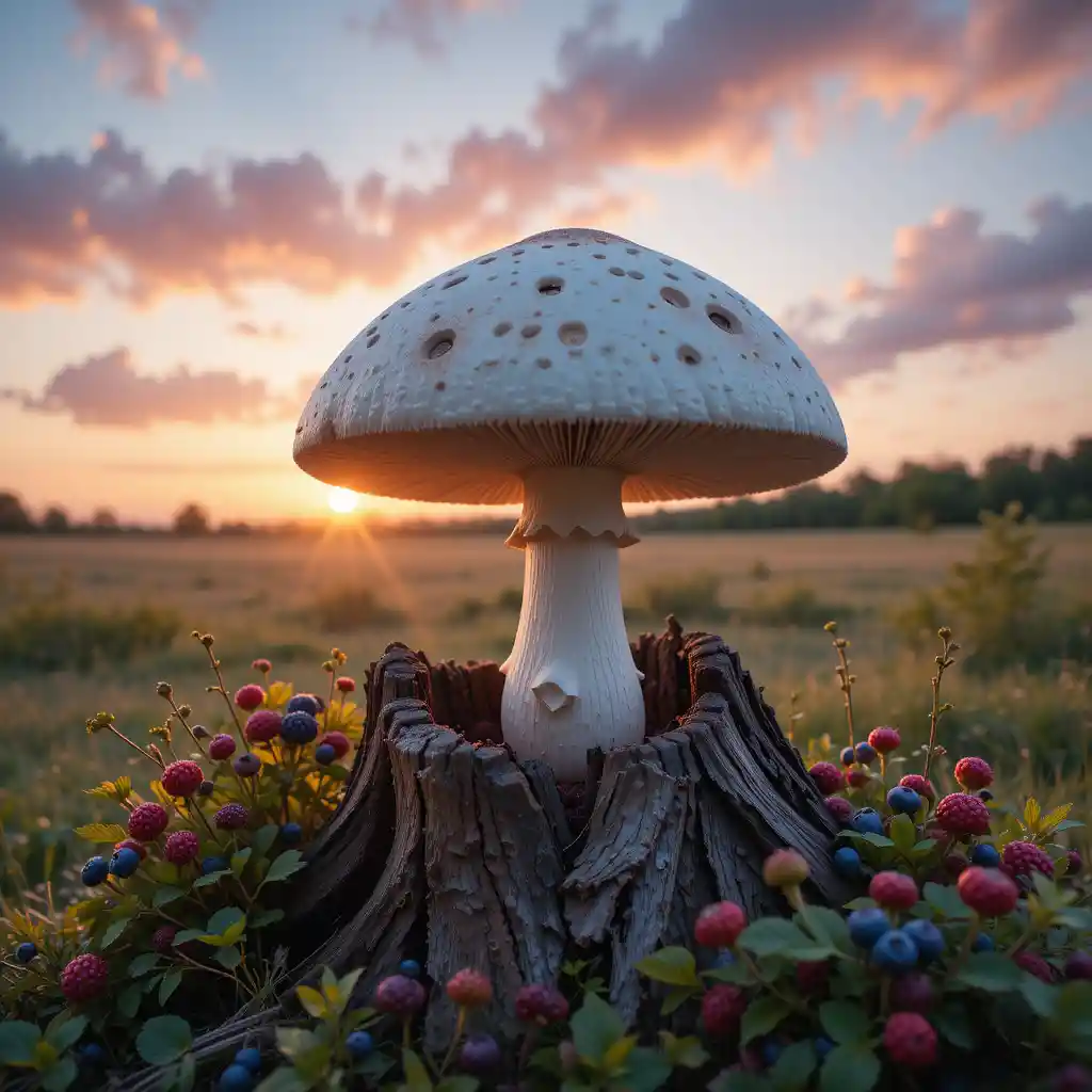 Nahaufnahme eines weißen Pilzes neben Beeren bei Sonnenuntergang