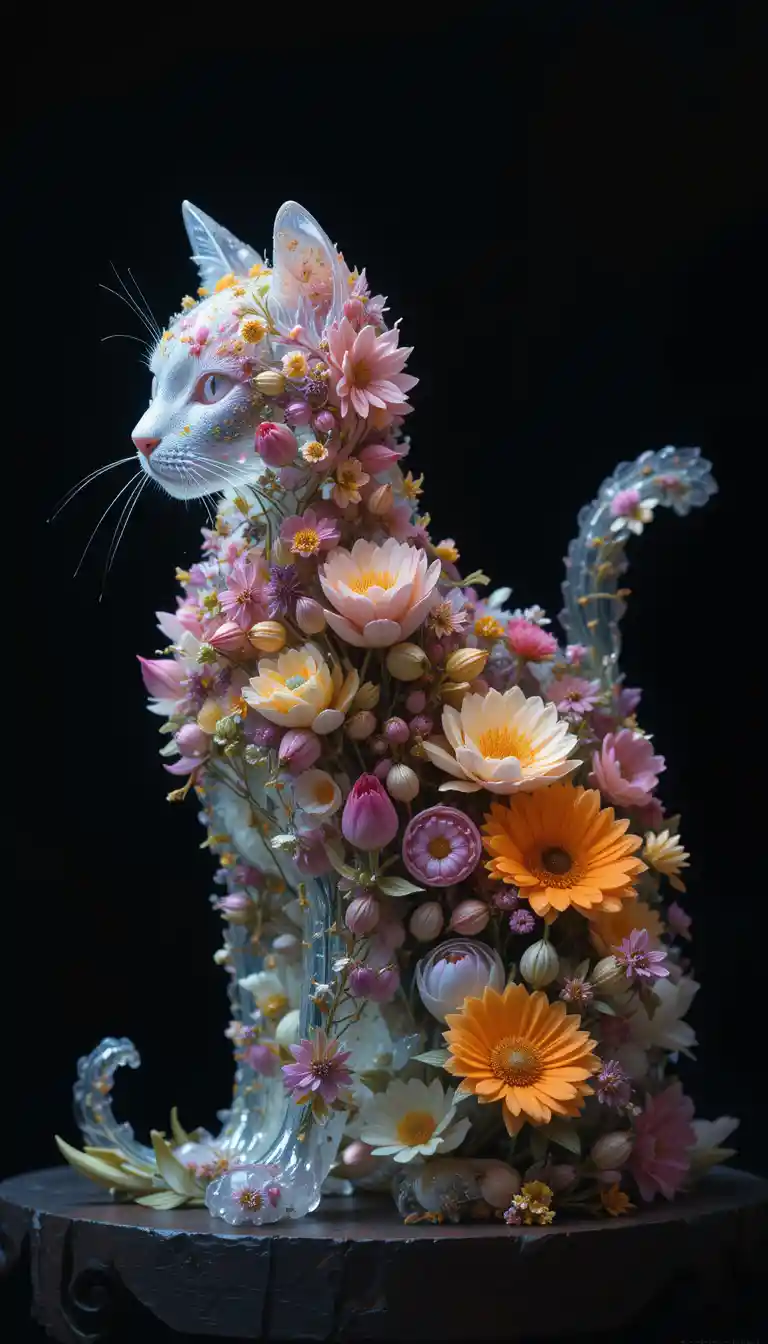 Crystal like flower bud cat on dark mystical background