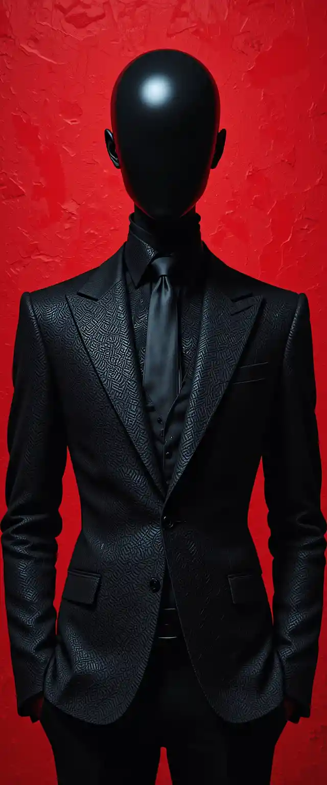 Mysterious faceless figure in black suit on red background
