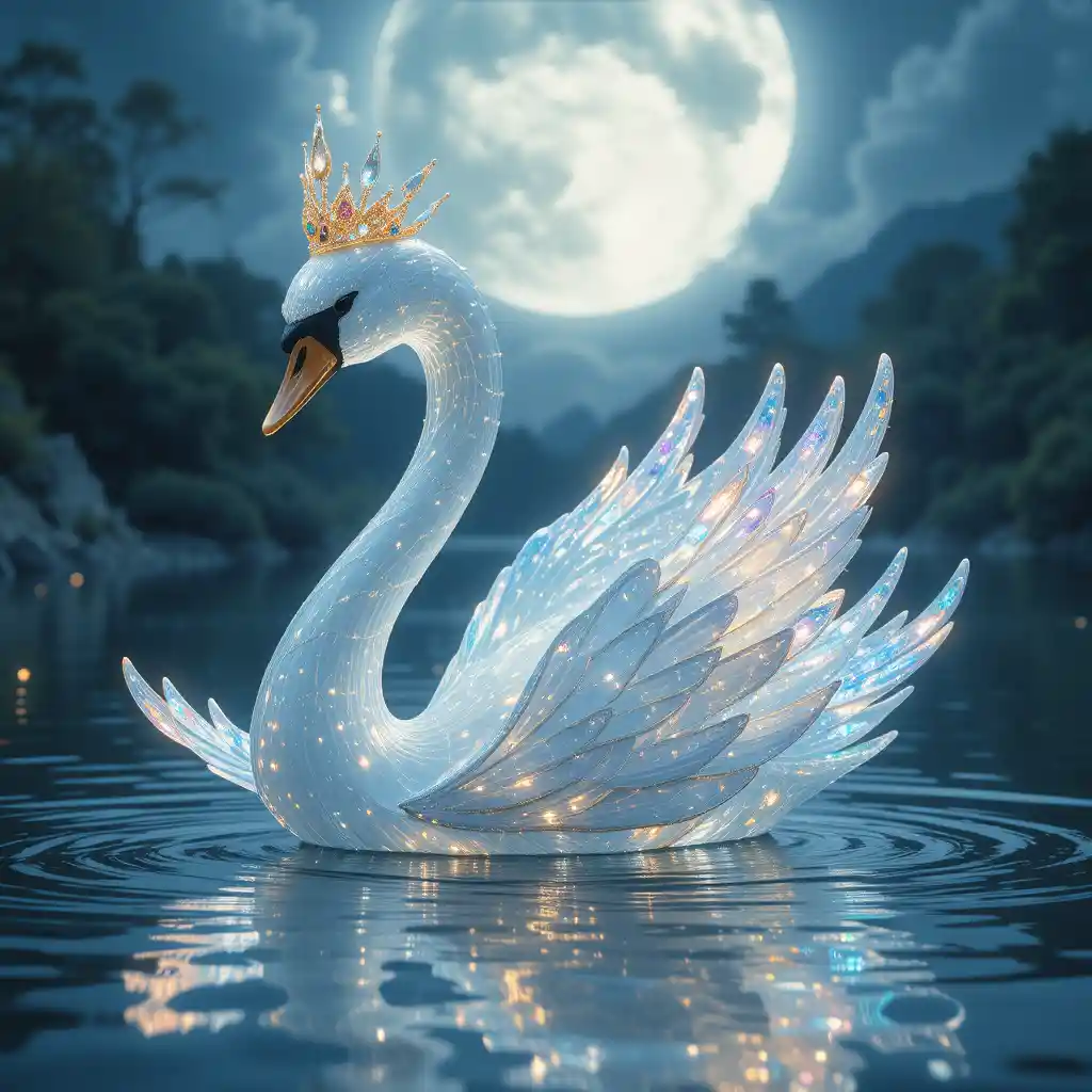 Surreal Glass Swan With Crown On Moonlit Lake