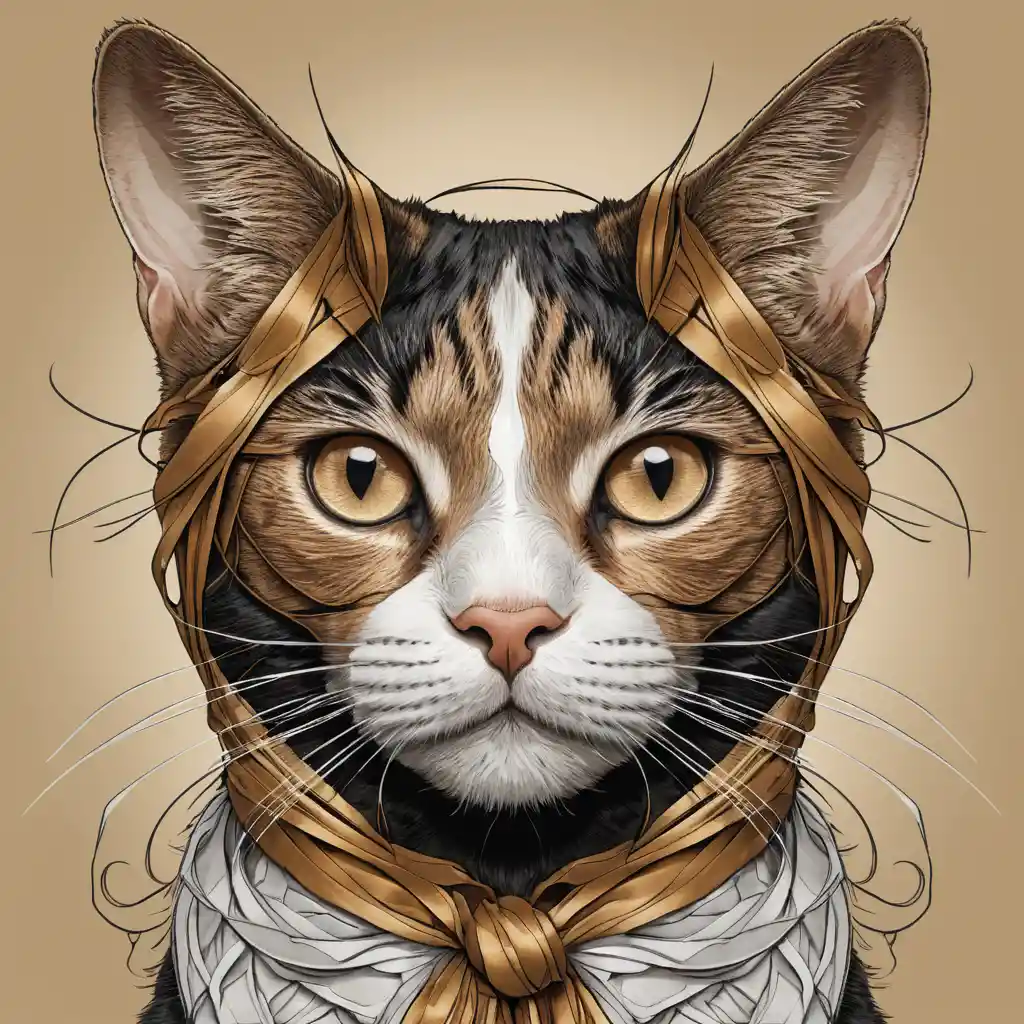 Silk ribbon cat portrait with hollow geometric structure