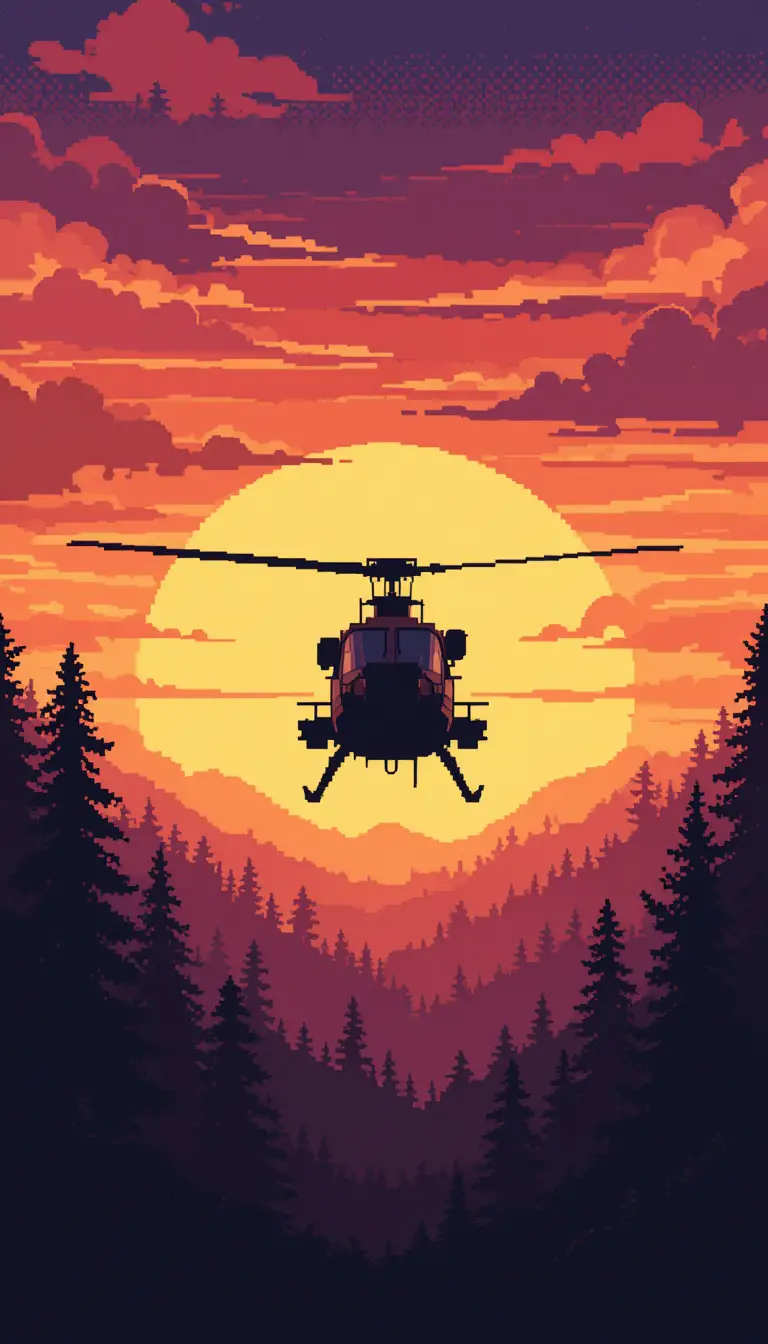 Pixel art helicopter silhouette over forest at sunset