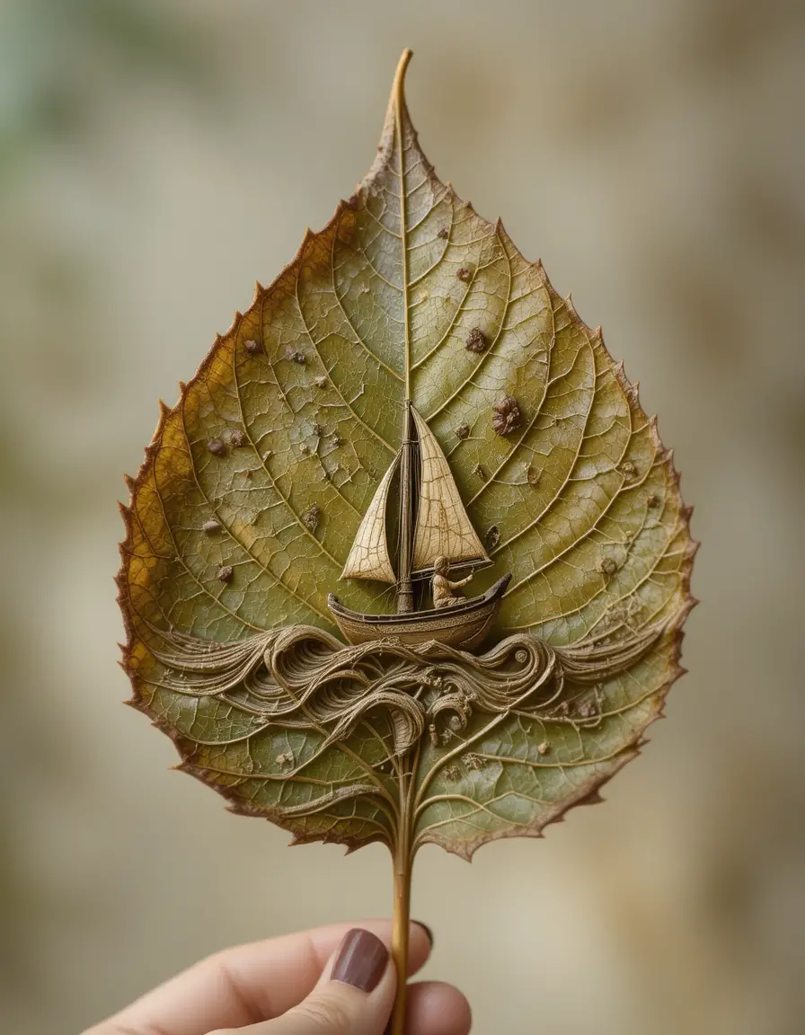 Intricate Leaf Carving Of Boat Scene In Macro View