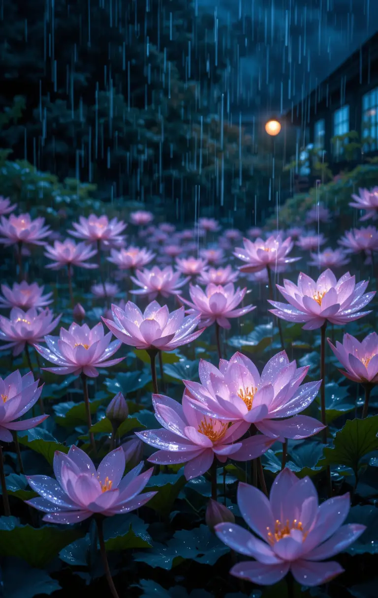 Night garden flowers with translucent petals and dewdrops