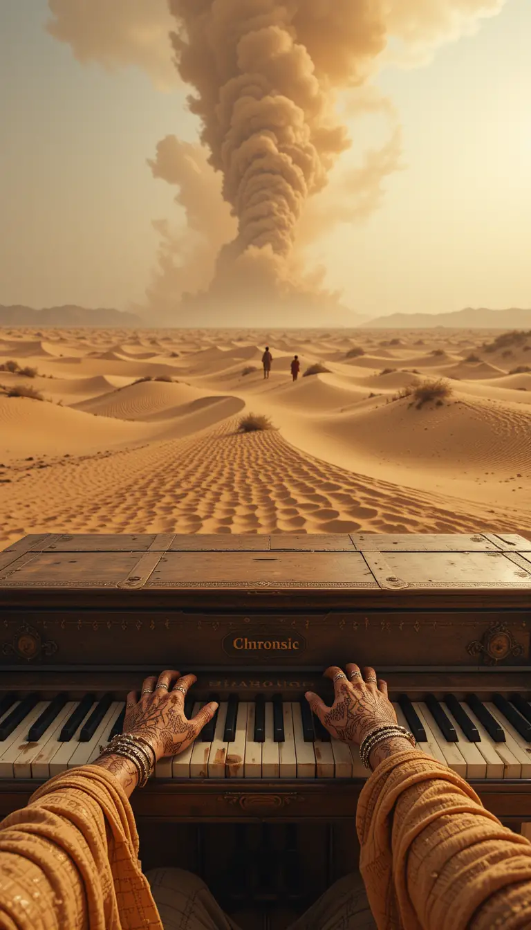 Woman playing an old piano in a vast desert