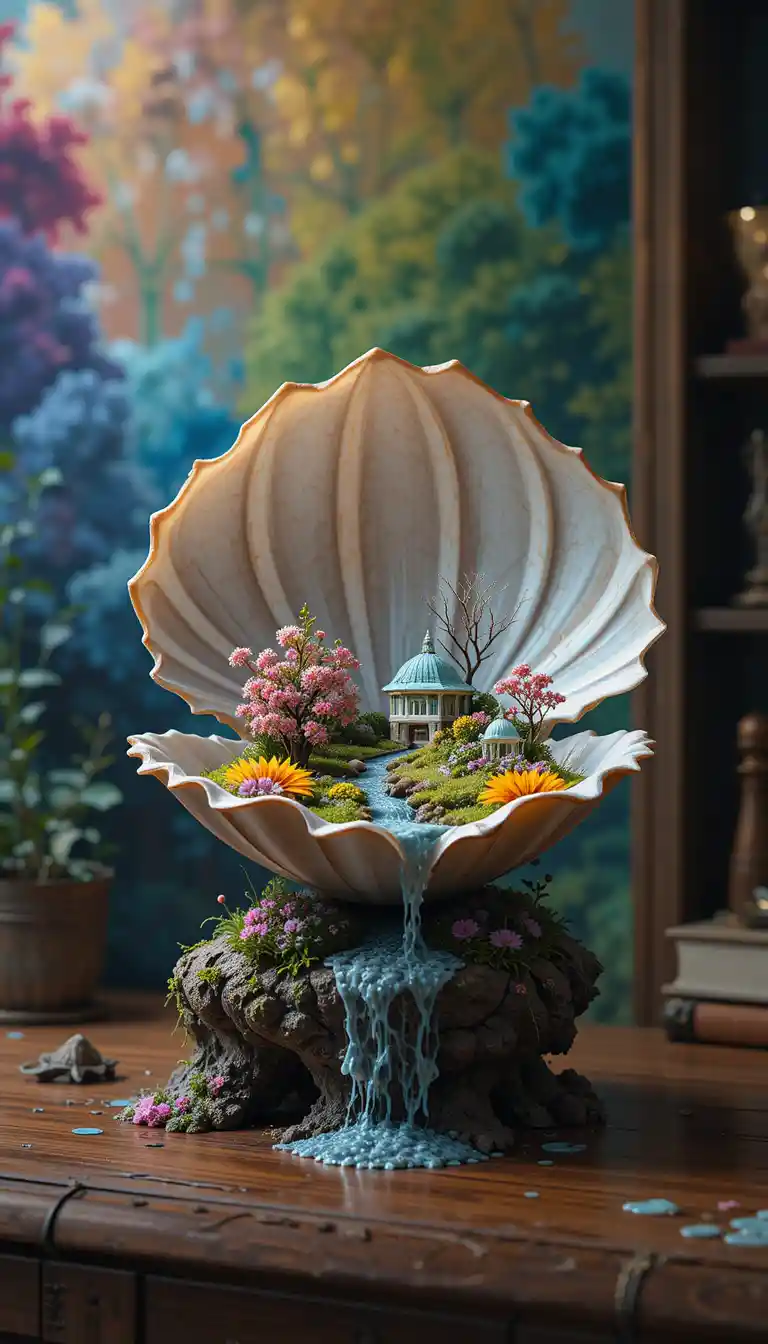 Magical garden world flowing from an open seashell