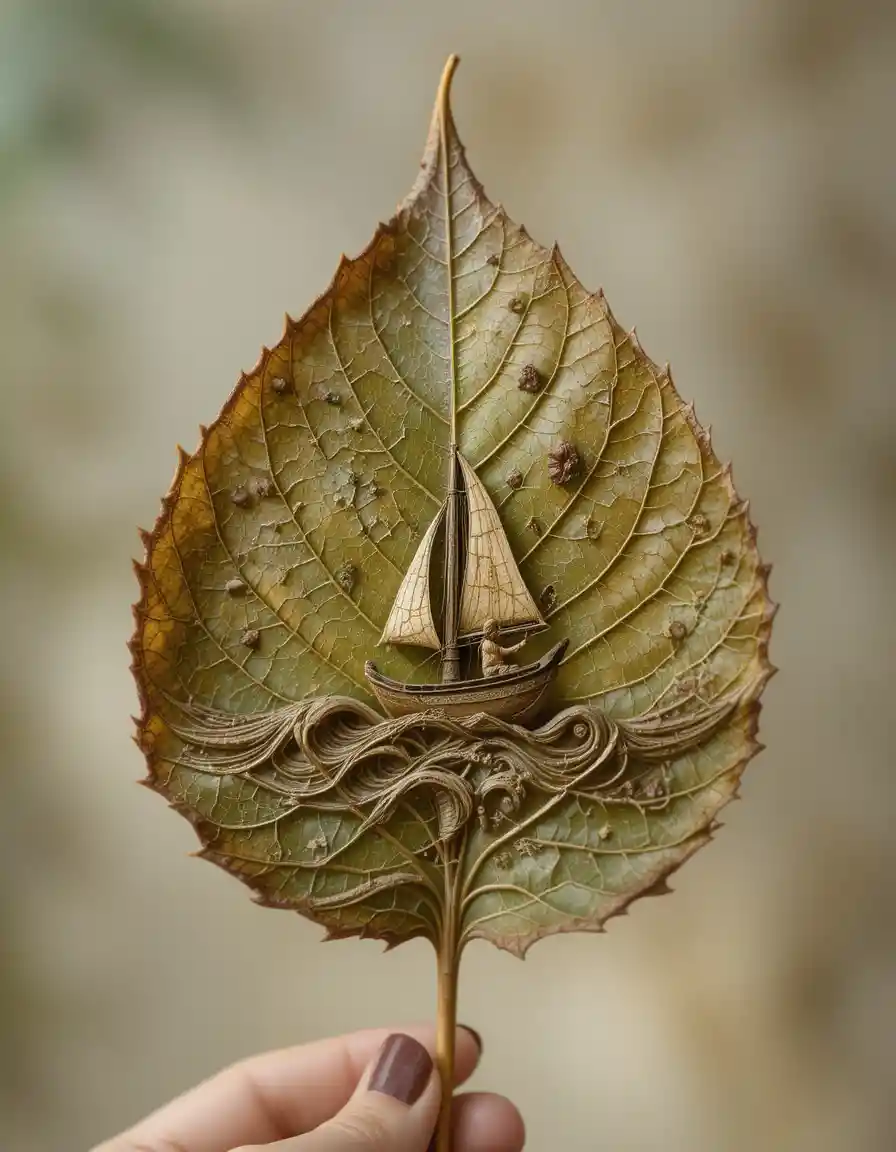 Intricate Leaf Carving Of Boat Scene In Macro View