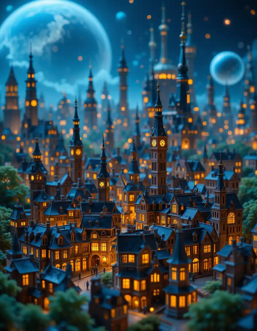 Miniature Victorian city glowing against futuristic night skyline