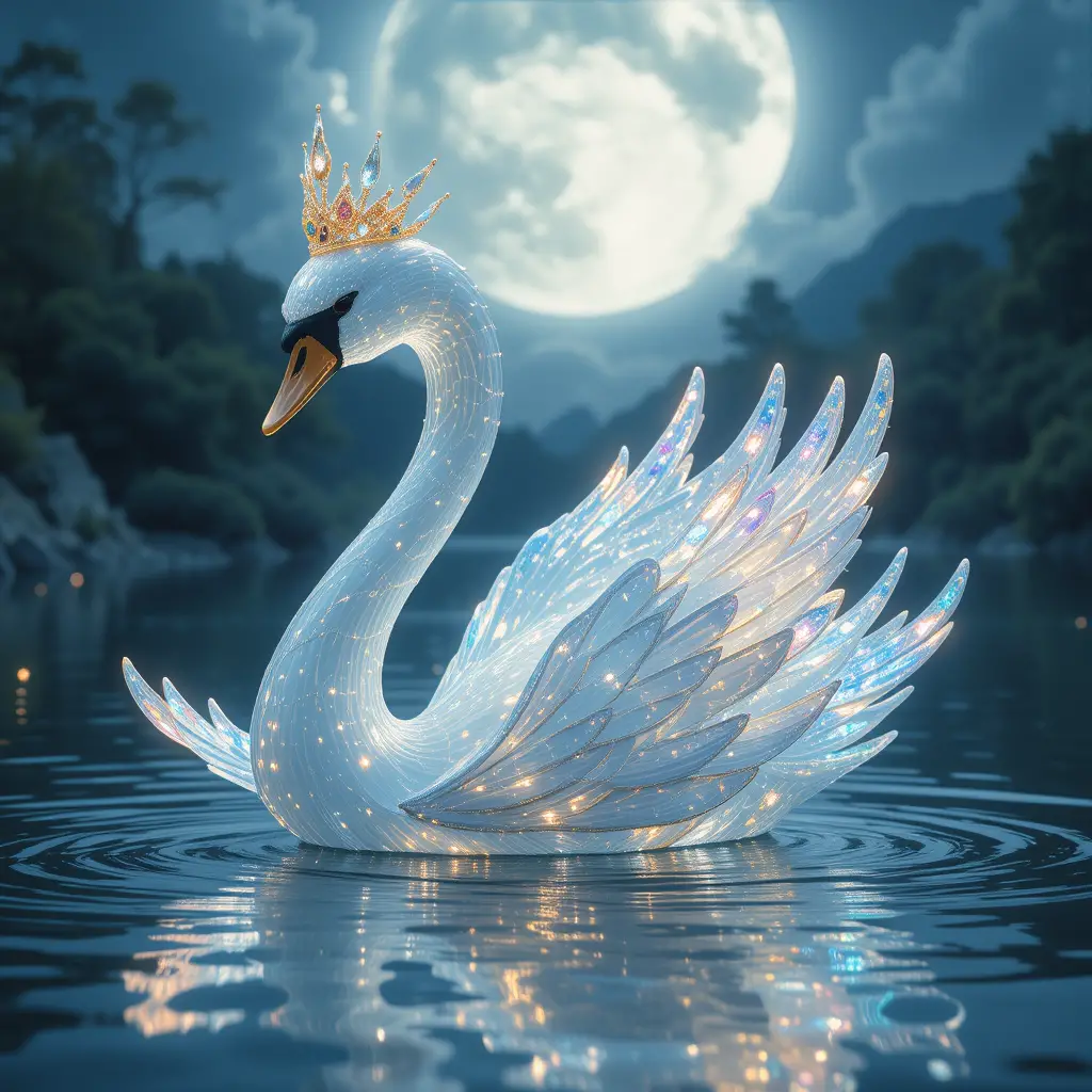 Surreal Glass Swan With Crown On Moonlit Lake