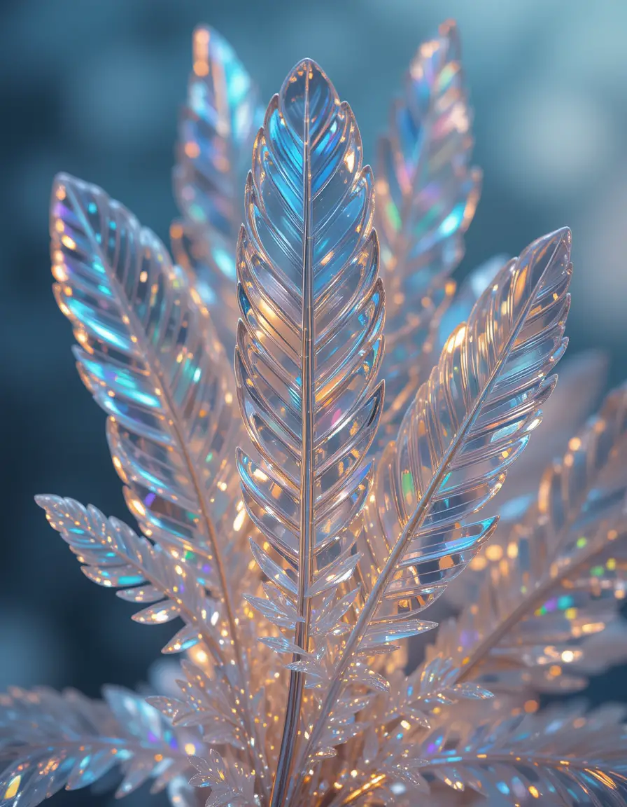 Glass feathers with iridescent reflections and ethereal glow