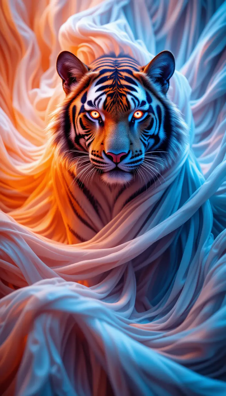 Tiger Blending Into Hypnotic Striped Abstract Background