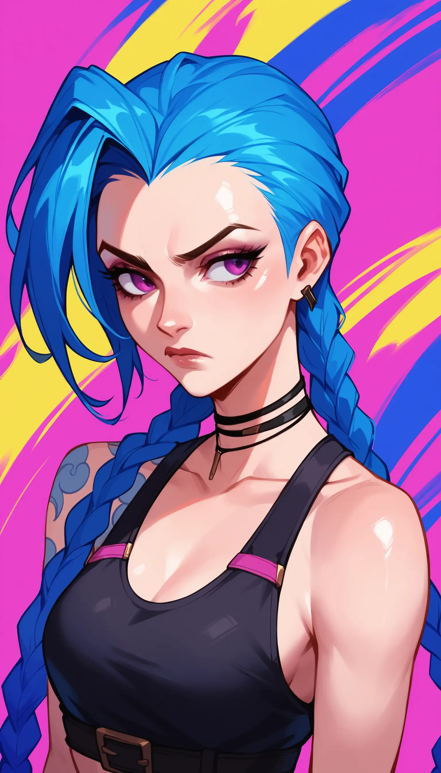 Anime girl with blue hair looking away in colorful art