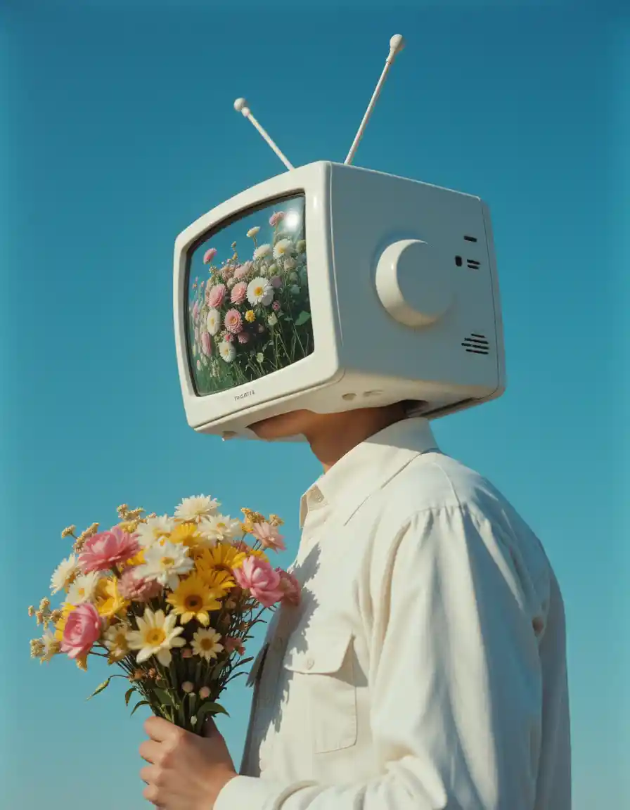 Surrealer Mann mit TV-Kopf und Blumen unter blauem Himmel