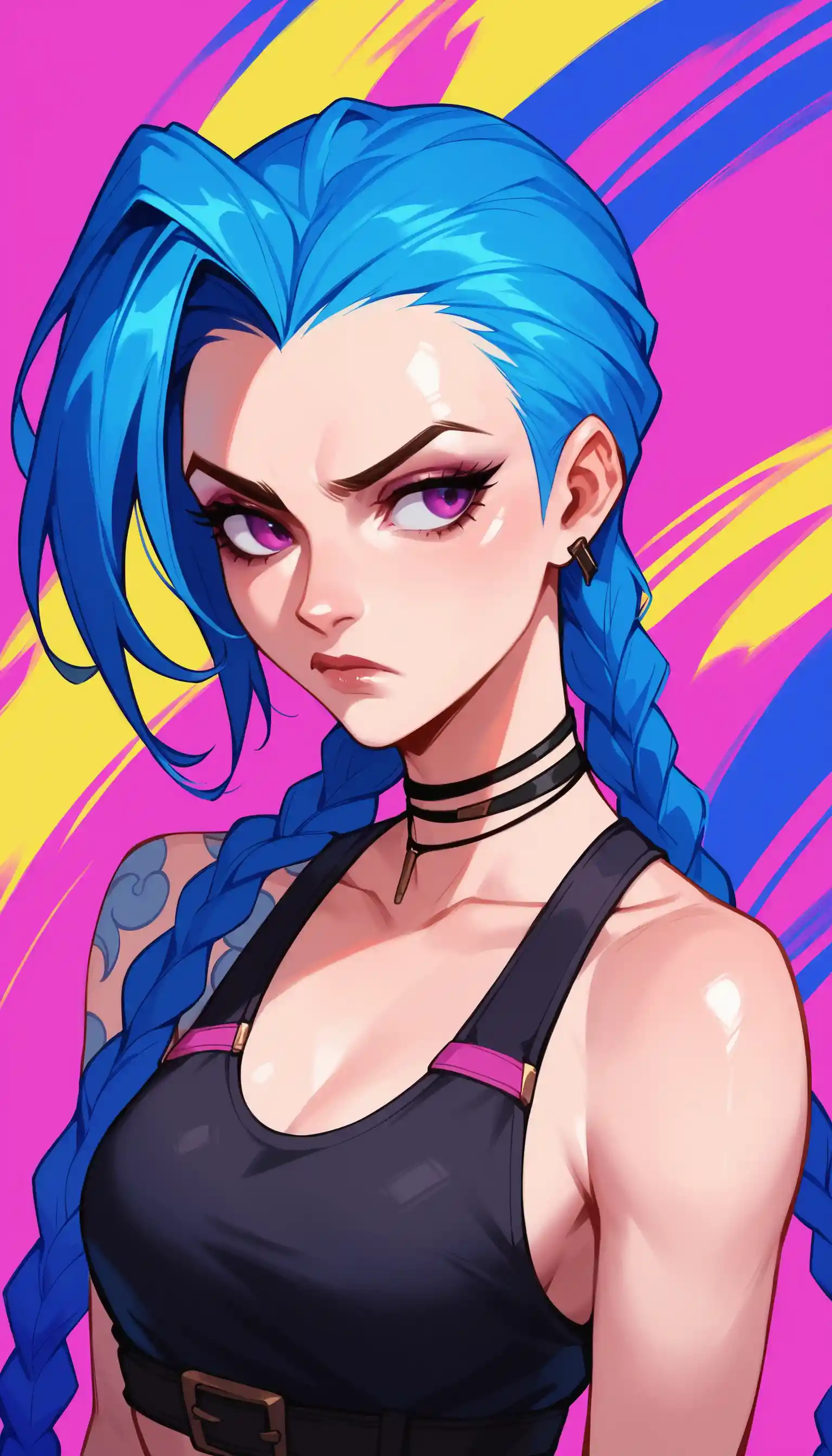 Anime girl with blue hair looking away in colorful art