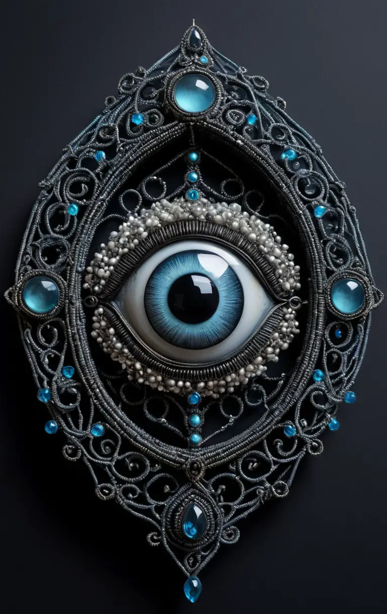 Intricate beaded jewelry piece with a single large eye