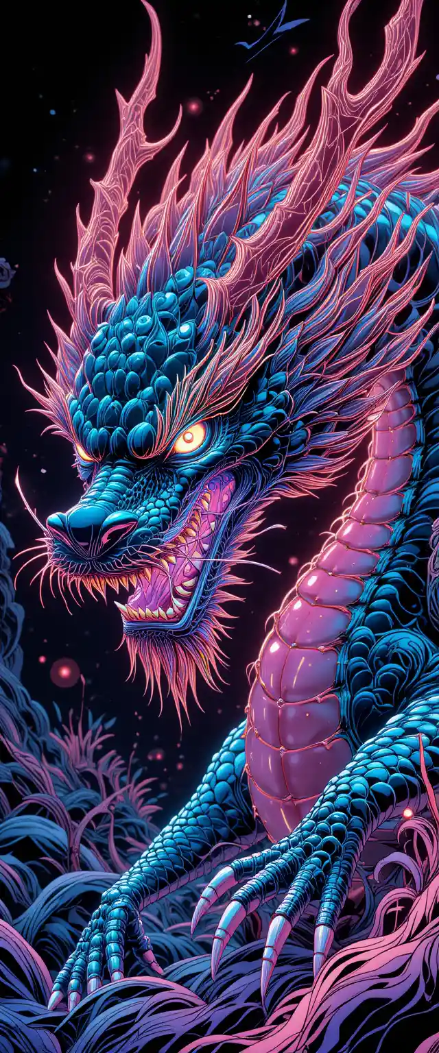 Neon noir comic dragon in surreal close up illustration
