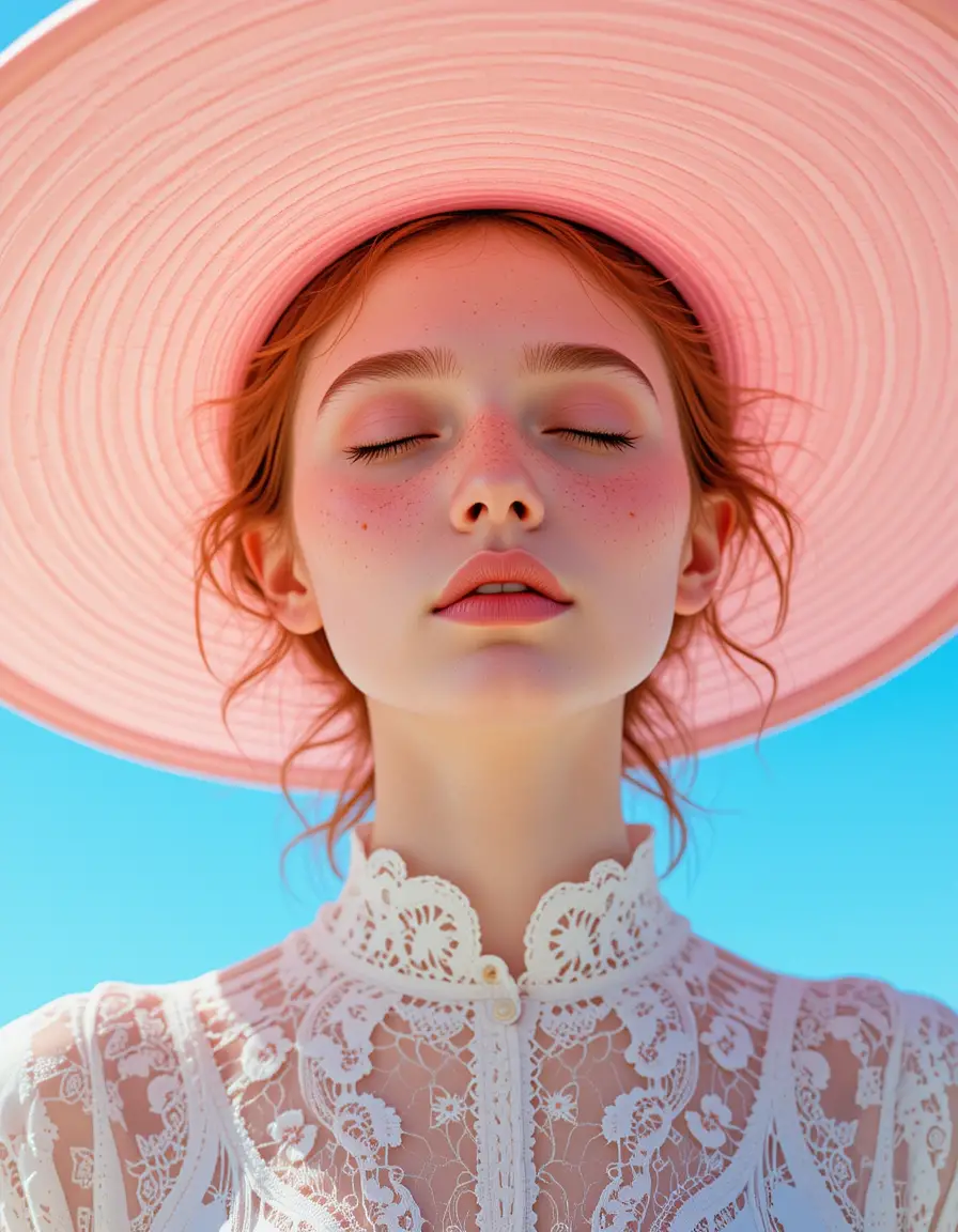Red haired girl in pink hat under bright blue sky