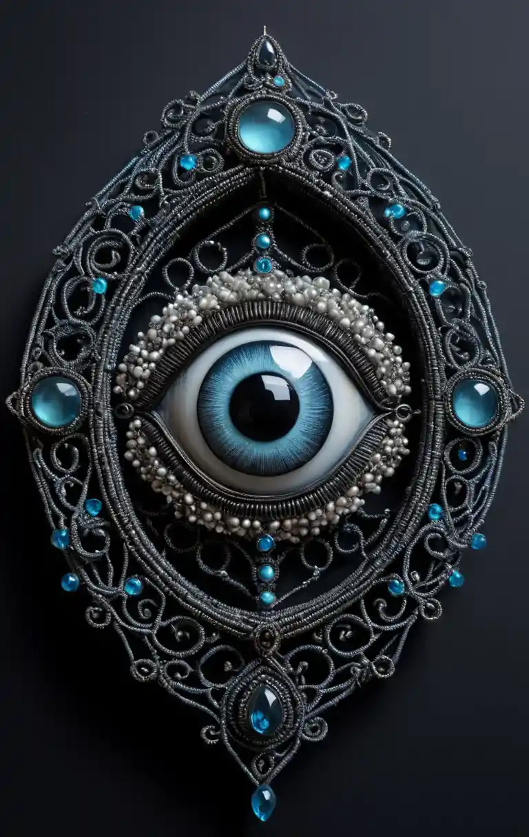 Intricate beaded jewelry piece with a single large eye