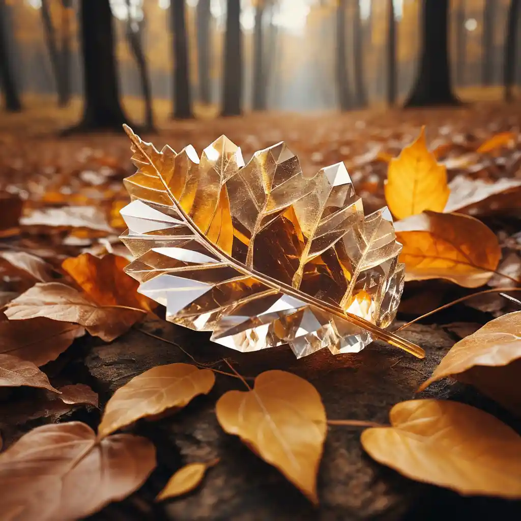Glowing crystal resting on a fallen leaf in nature