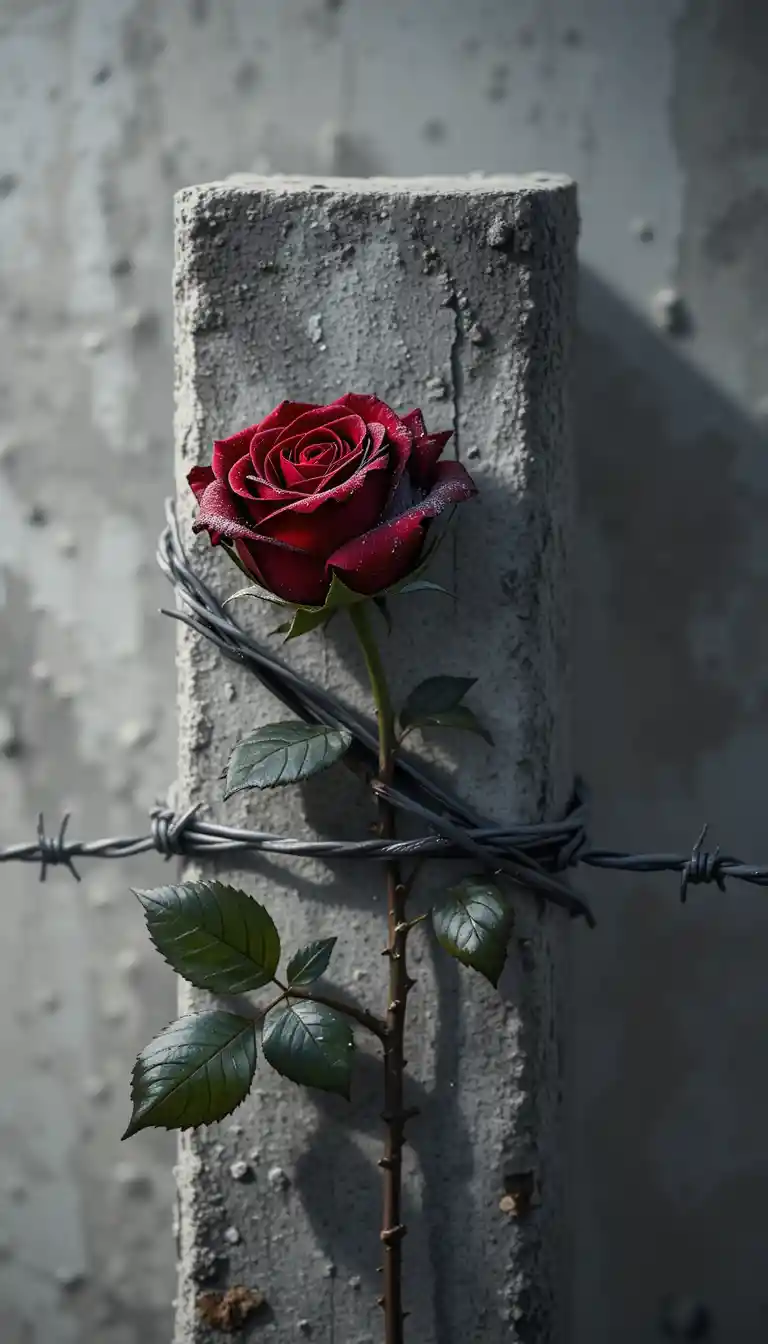 Single dark rose wrapped in barbed wire on concrete post