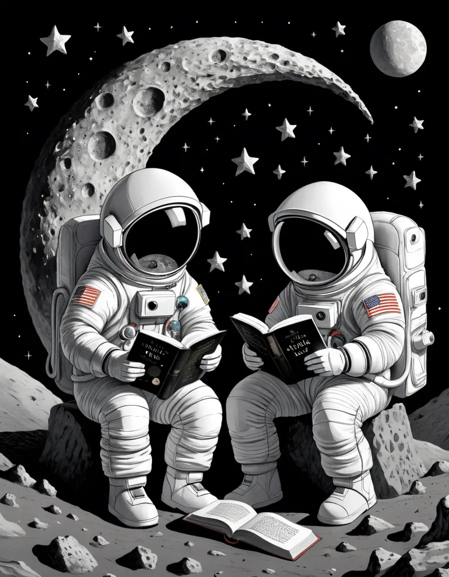 Astronaut parent and child reading together on the moon
