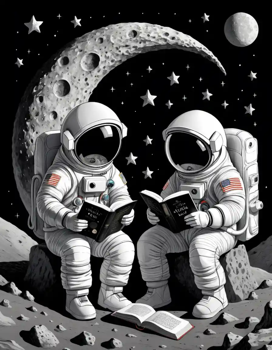 Astronauta pai/mãe e filho lendo juntos na Lua